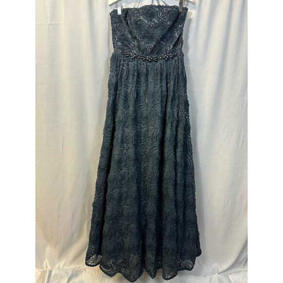 Adrianna Papell Collection Ball Gown Steel Blue Tulle Rosette Dress DAMAGE 10 - Picture 1 of 11